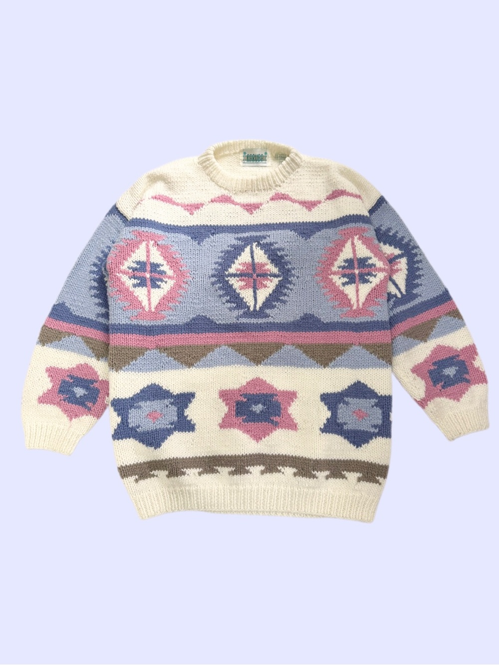 Vintage 90s Karuba Knit Crewneck Sweater Geometric Pastel Cottagecore Chunky S